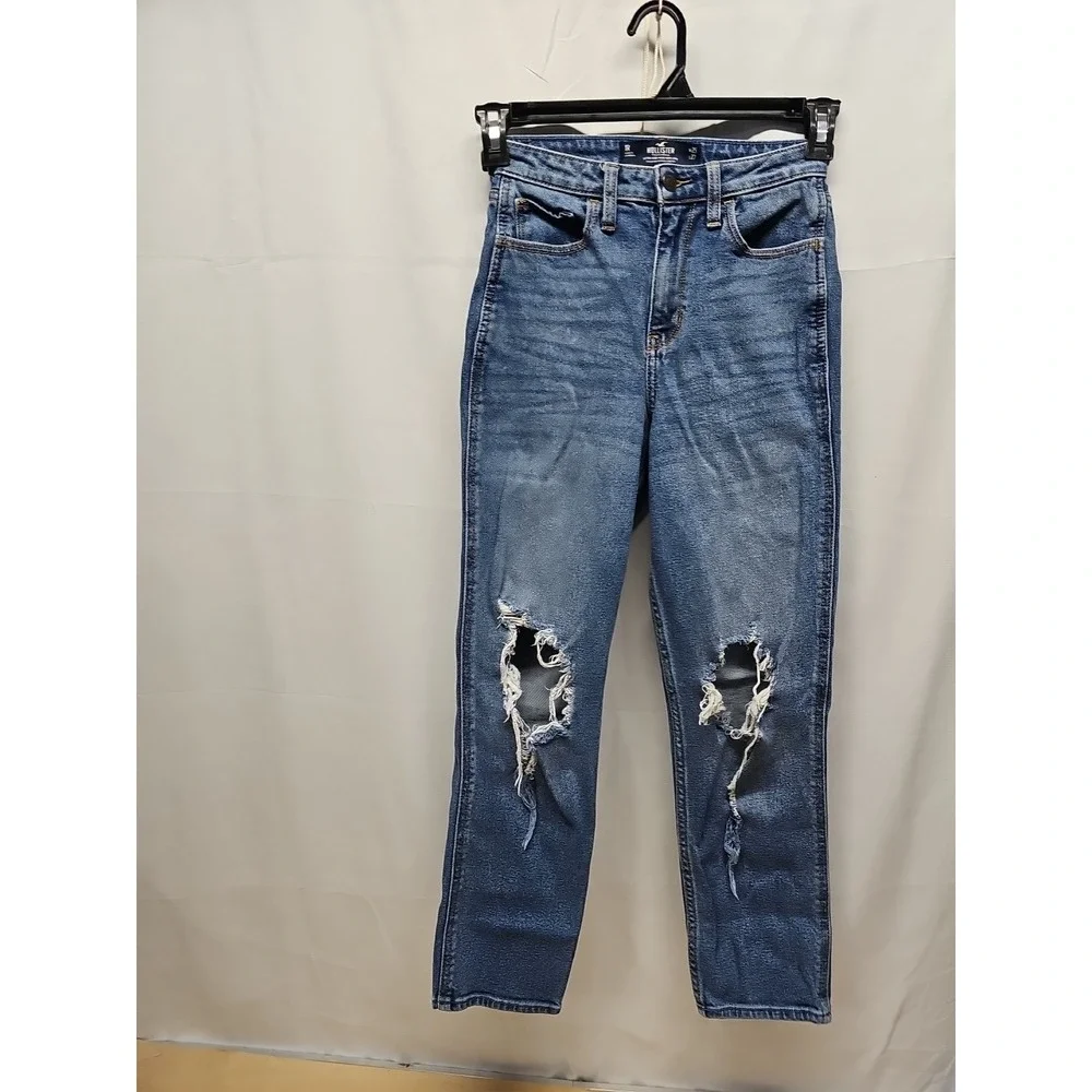 Hollister Ultra High-Rise Blue Distressed Denim Mom Jeans Juniors Sz 1r W25 L27 - Picture 3 of 15